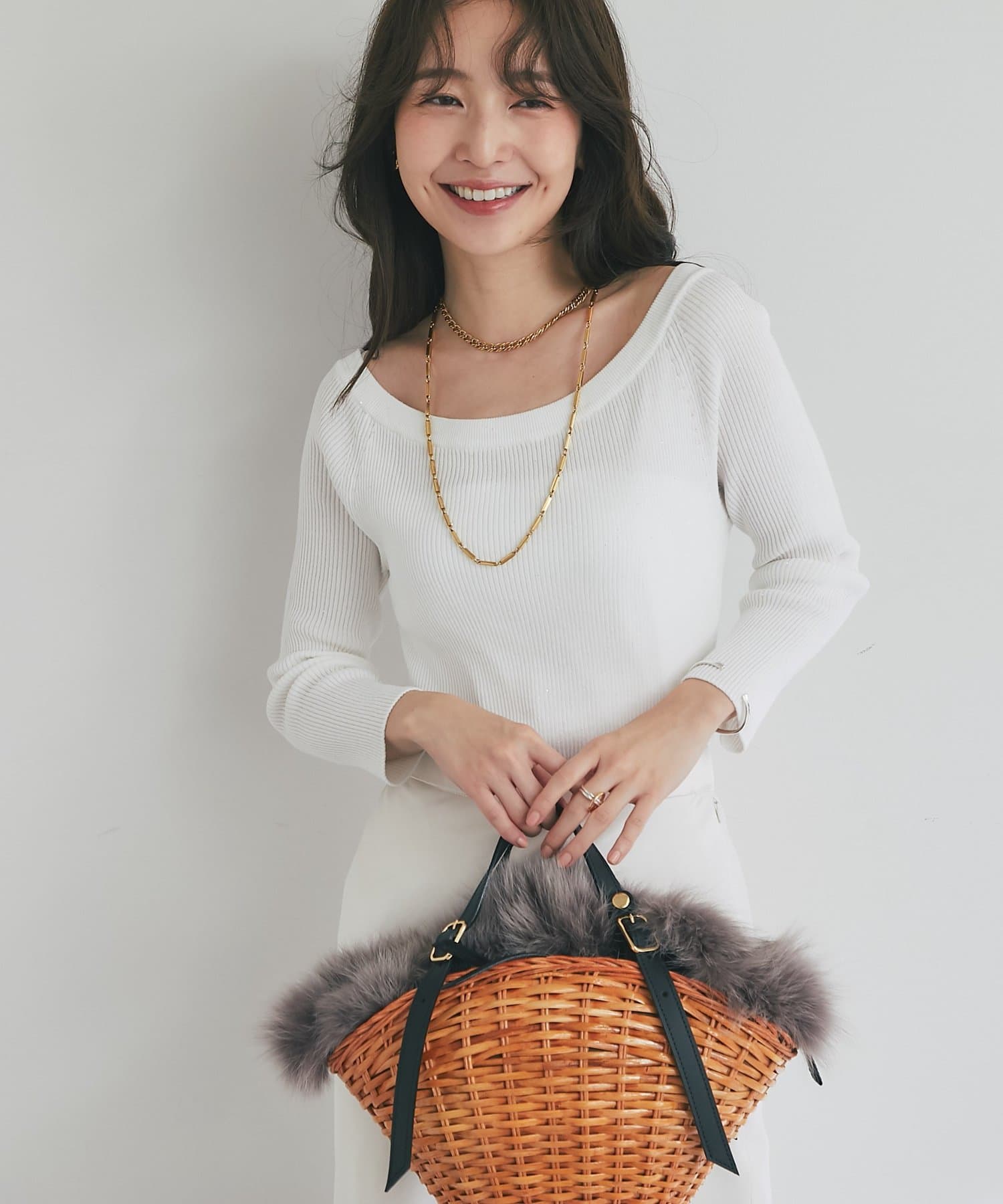 着回し抜群・美人見え】スパンコールリブオフショル8分袖ニット | La