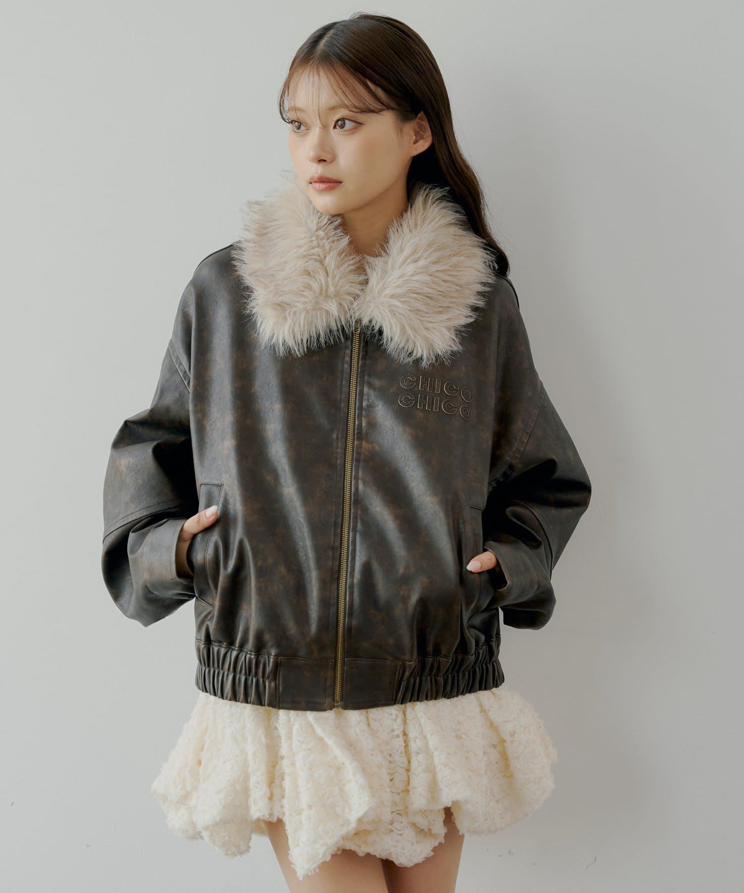 ファー取り外し可能】フェイクレザールーズジップブルゾン | Chico
