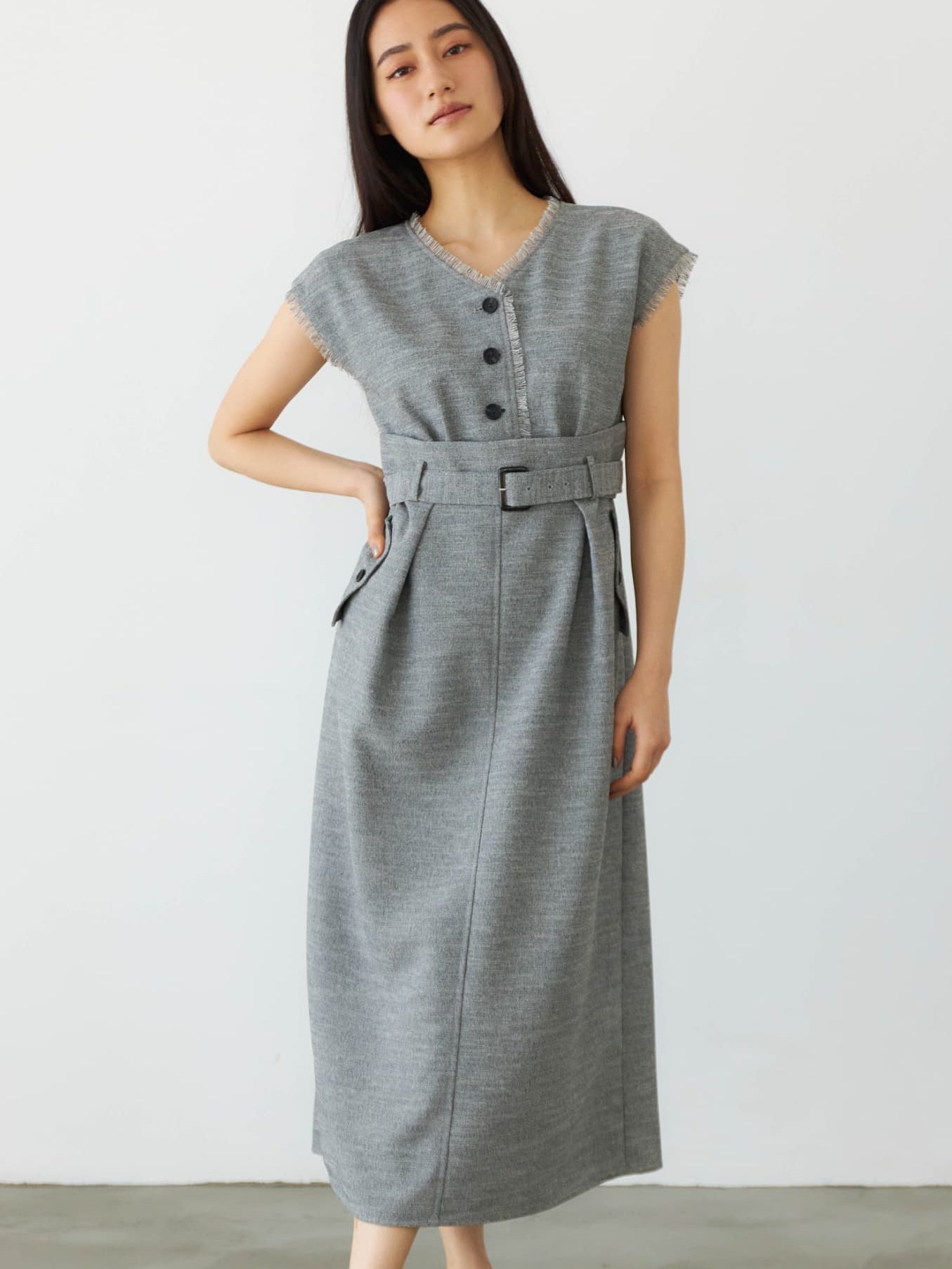 リネンライクツイードIラインワンピース | 小柄・低身長女性向け