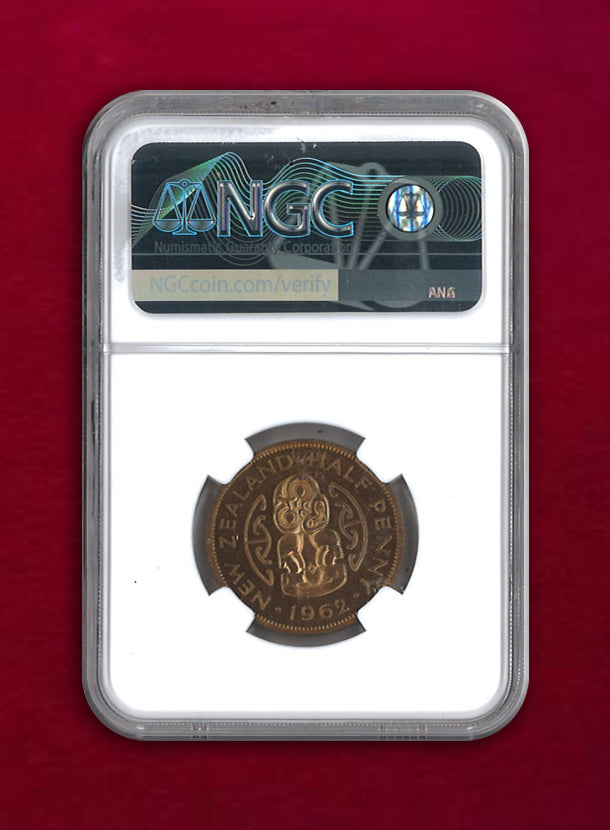 ニュージーランド】1/2ペニー 青銅貨 1962 NGC PF63 RB CAMEO［C