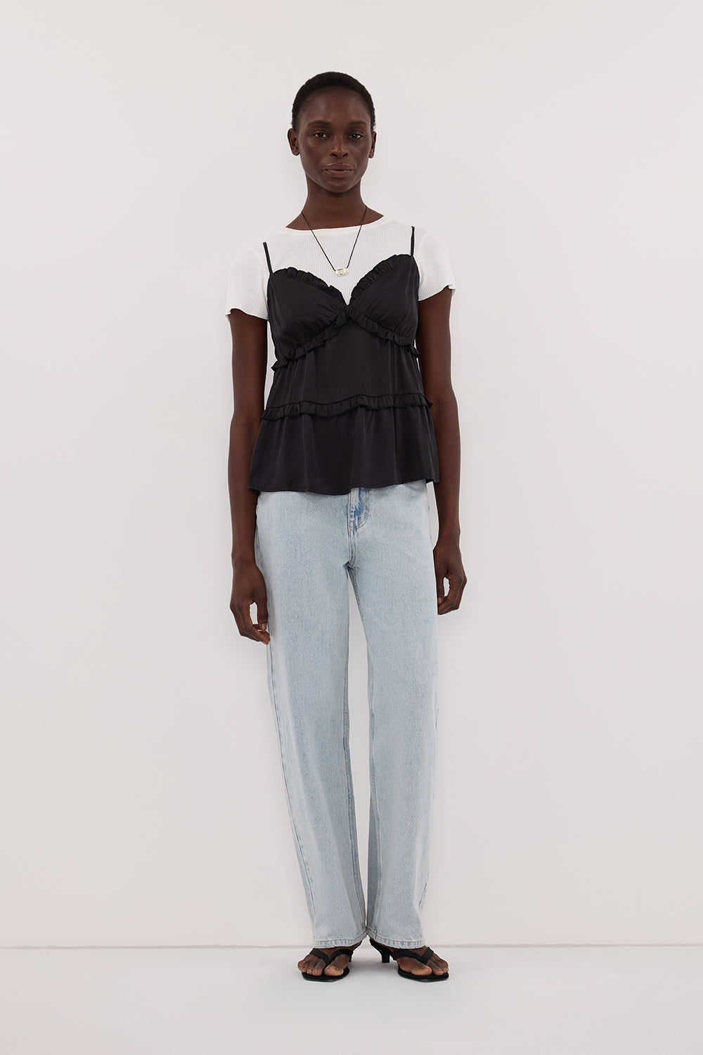 LENA BLACK SILK FRILL TOP | Dissh