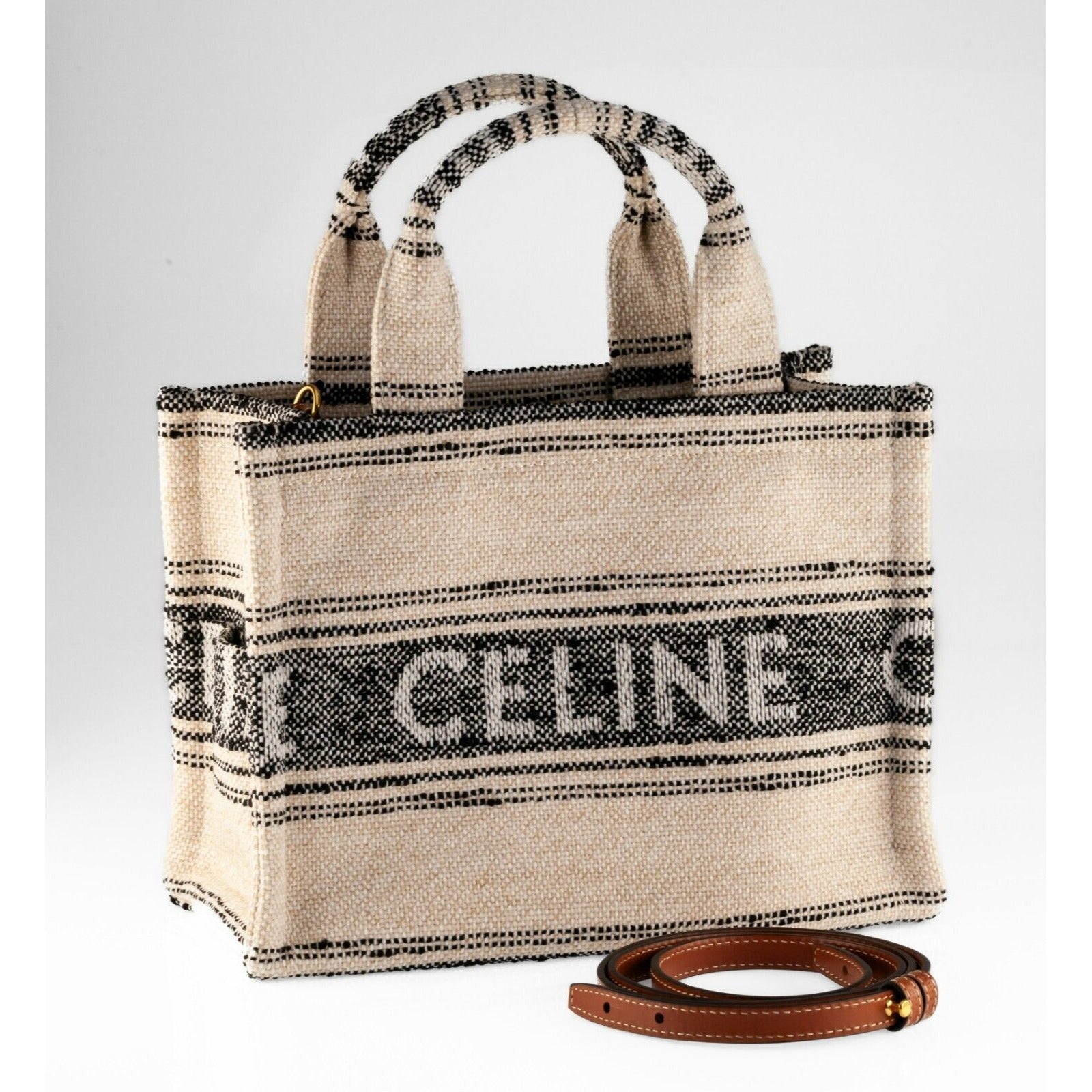 Celine Cabas Hippo White/Black Canvas Tweed Thais Cloth Handbag w