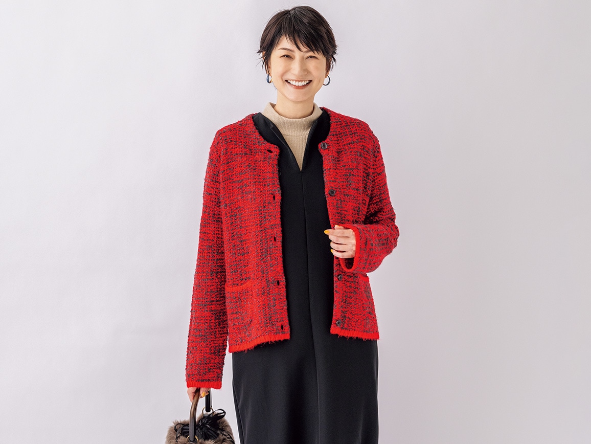 ミックスツイード風ニットジャケット(02_M 95_ブラック×ホワイト