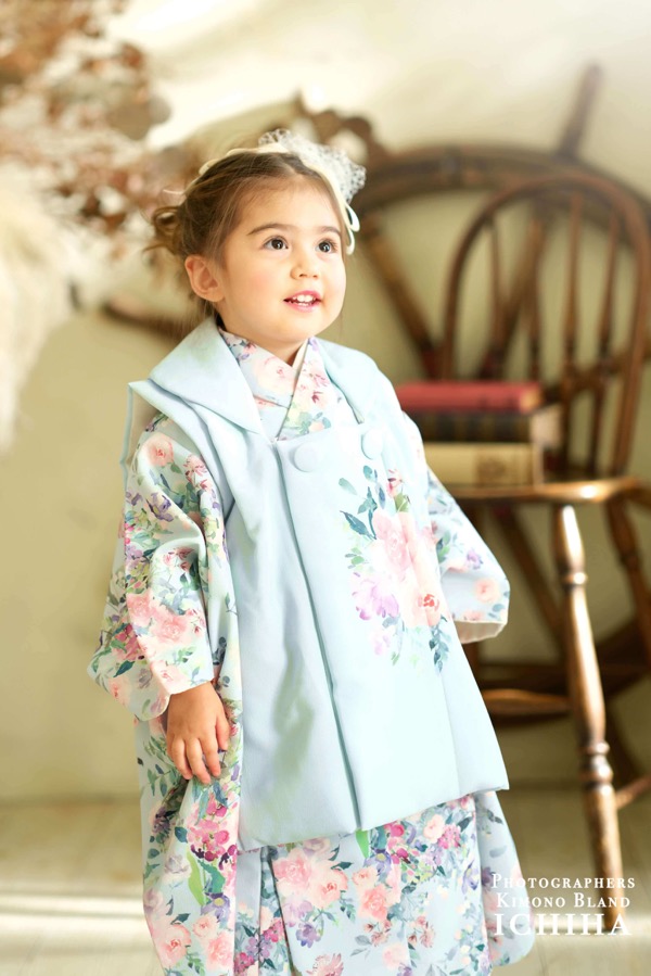 3歳七五三レンタル エプロン付セット ボタニカル水色