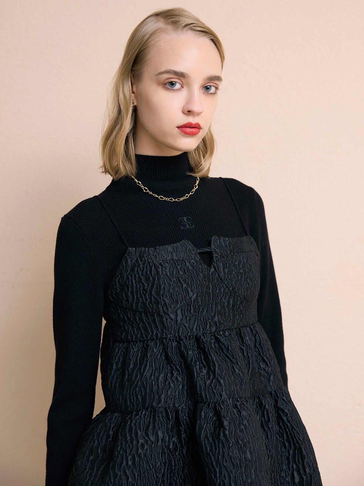 2wayバックリボンジャガードペプラムトップス