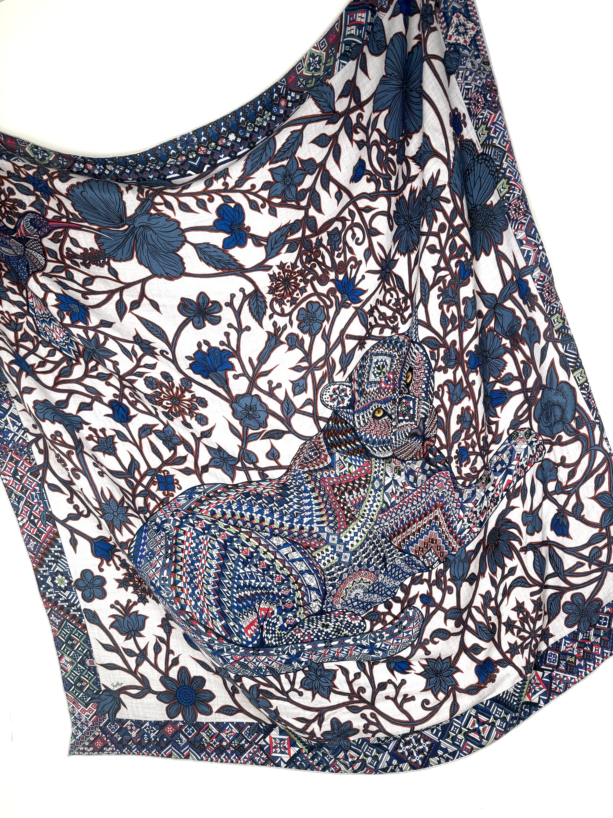 HERMES Le Jaguar Et Le Colibri Gris Chine Bleu Acajou Cashmere 140