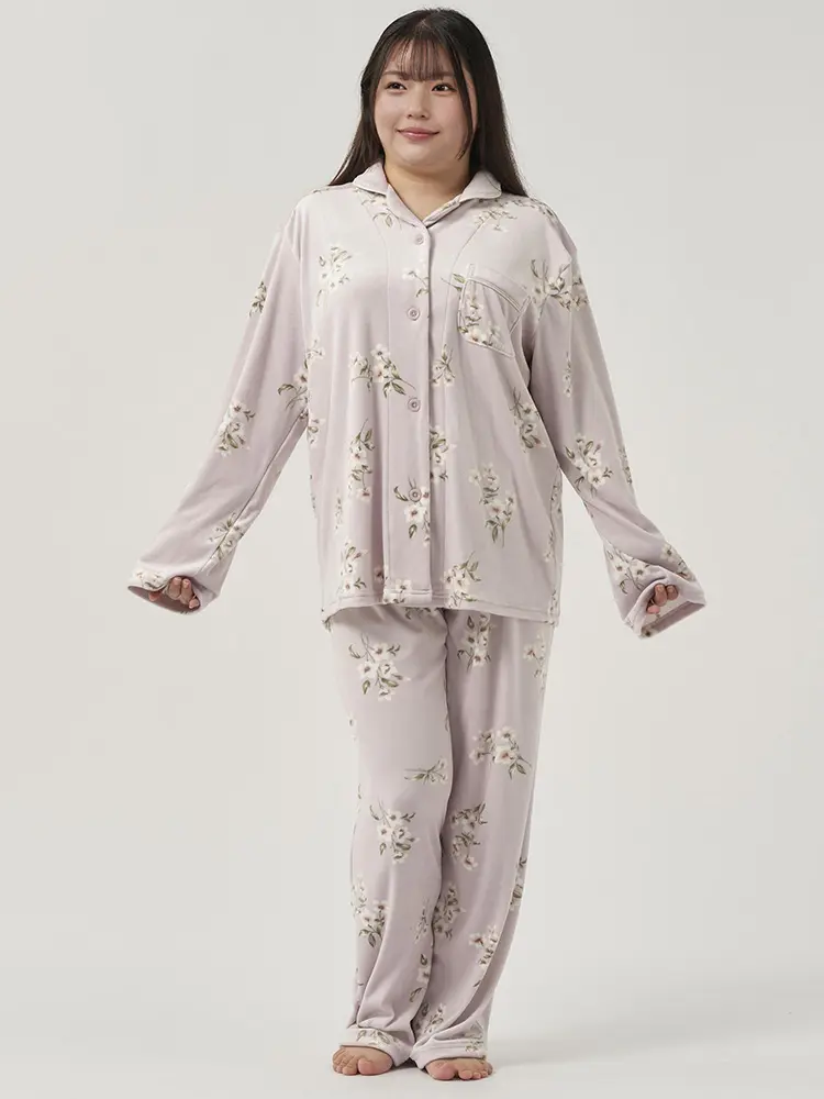 ピンク ストレッチベロア花柄シャツパジャマ | フォーエル公式通販
