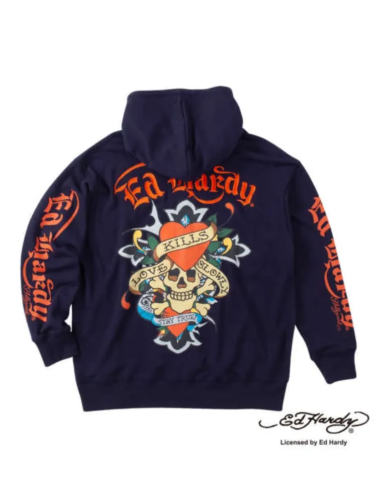 ネイビー 【EdHardy(エドハーディ)】裏毛刺繍&プリントフルジップ