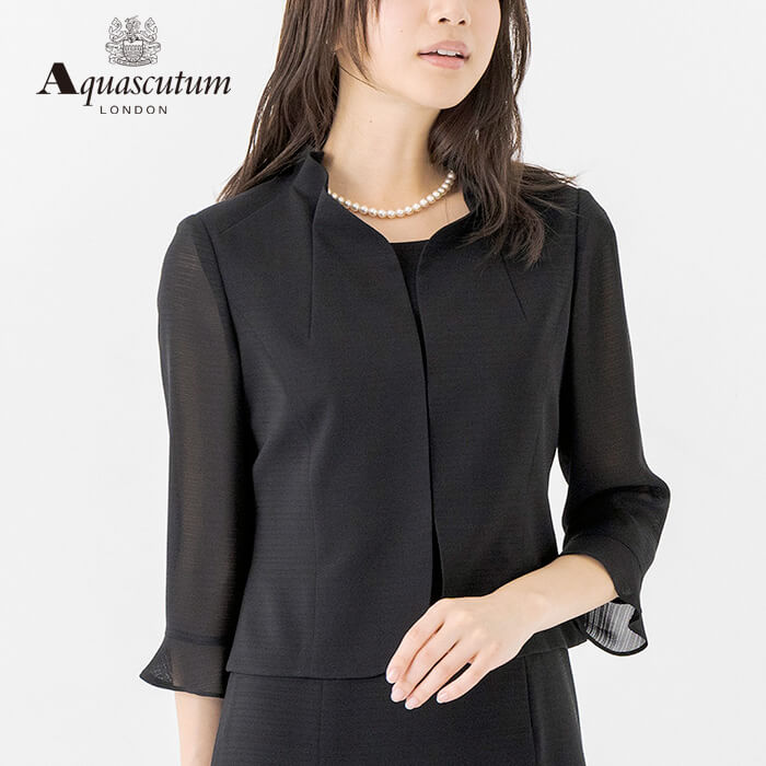 絽｜シルク混素材のフリルカラー夏用ワンピース 9号・ブラック｜東京