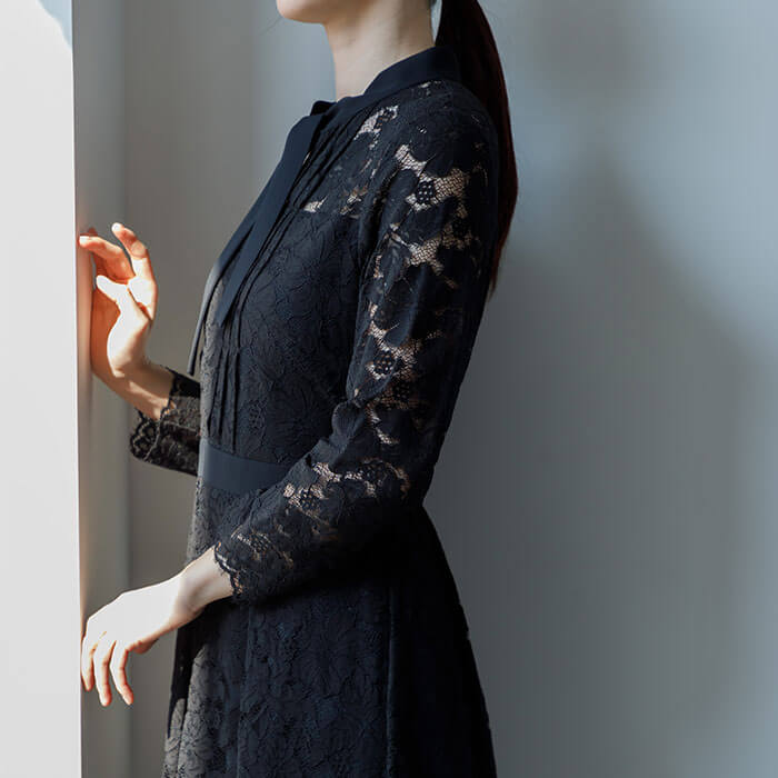 WEB限定｜ボウタイレースドレス 11号・ブラック｜東京ソワール