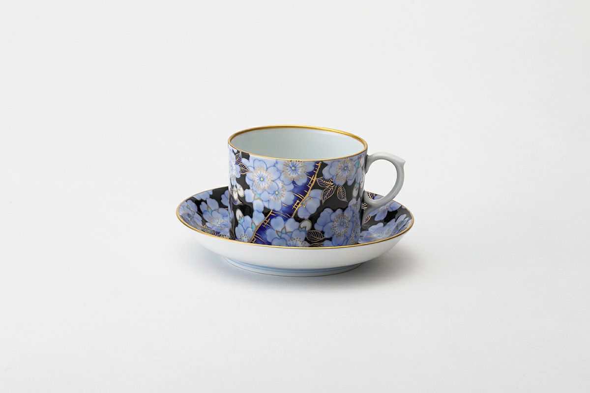 有田焼 染錦 深川製磁 富士山 カップ＆ソーサー 高台 碗皿 共箱 2489