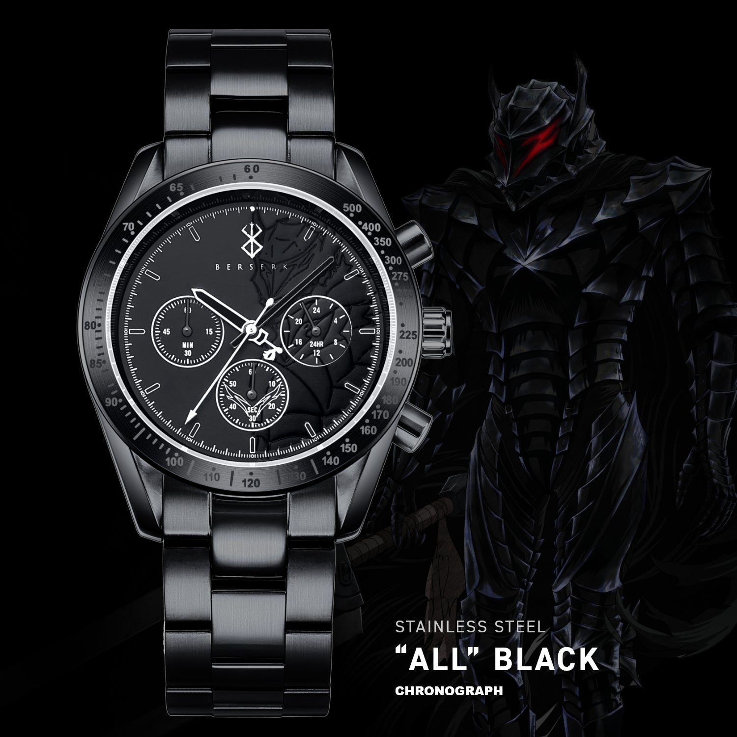 Anime Berserk Natural Diamond Chronograph Wristwatch / All Black