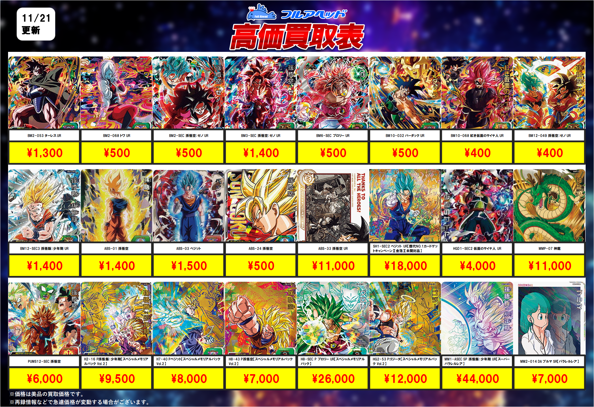 ドラゴンボールヒーローズ】買取表、販売価格の調整を行いました！