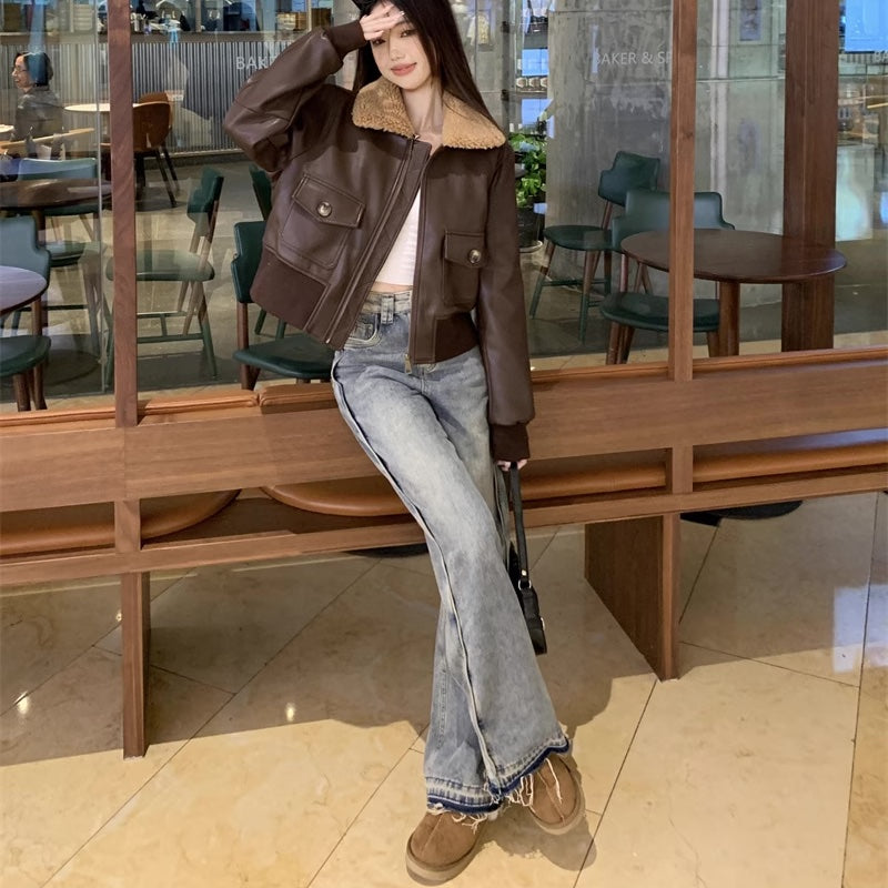 フェイクレザー ジャケット 襟ボア レディース 韓国 ファッション