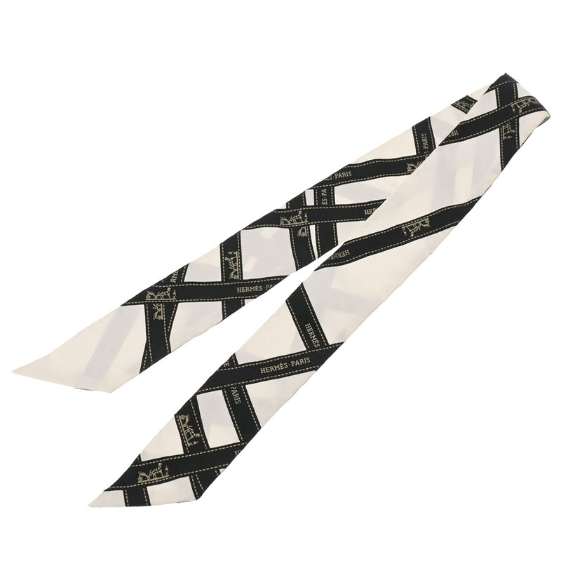 エルメスツイリー Bolduc リボン柄 白/黒 レディース シルク100