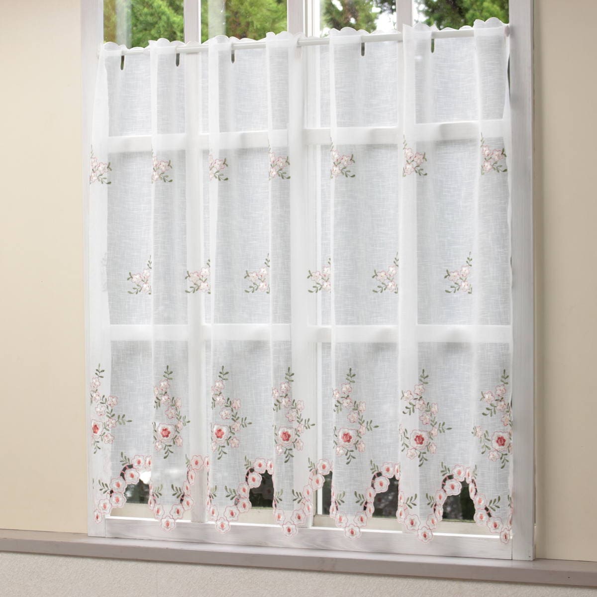 フラワー刺繍 カフェカーテン 約130×90cm｜インテリアレース・テーブル