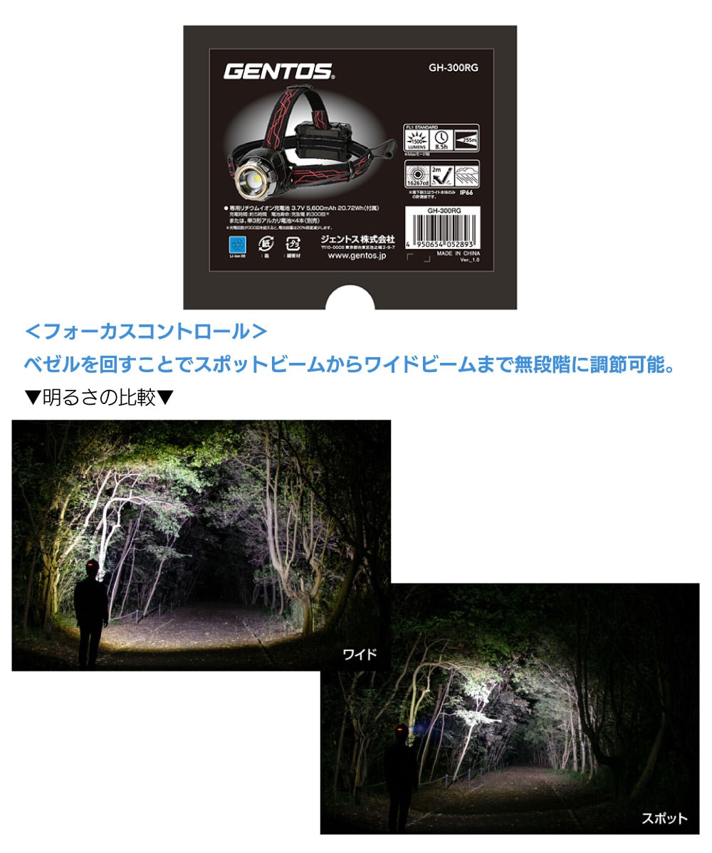 ジェントス GENTOS 充電式LEDヘッドライト Gシリーズ GH-300RG＜高輝度
