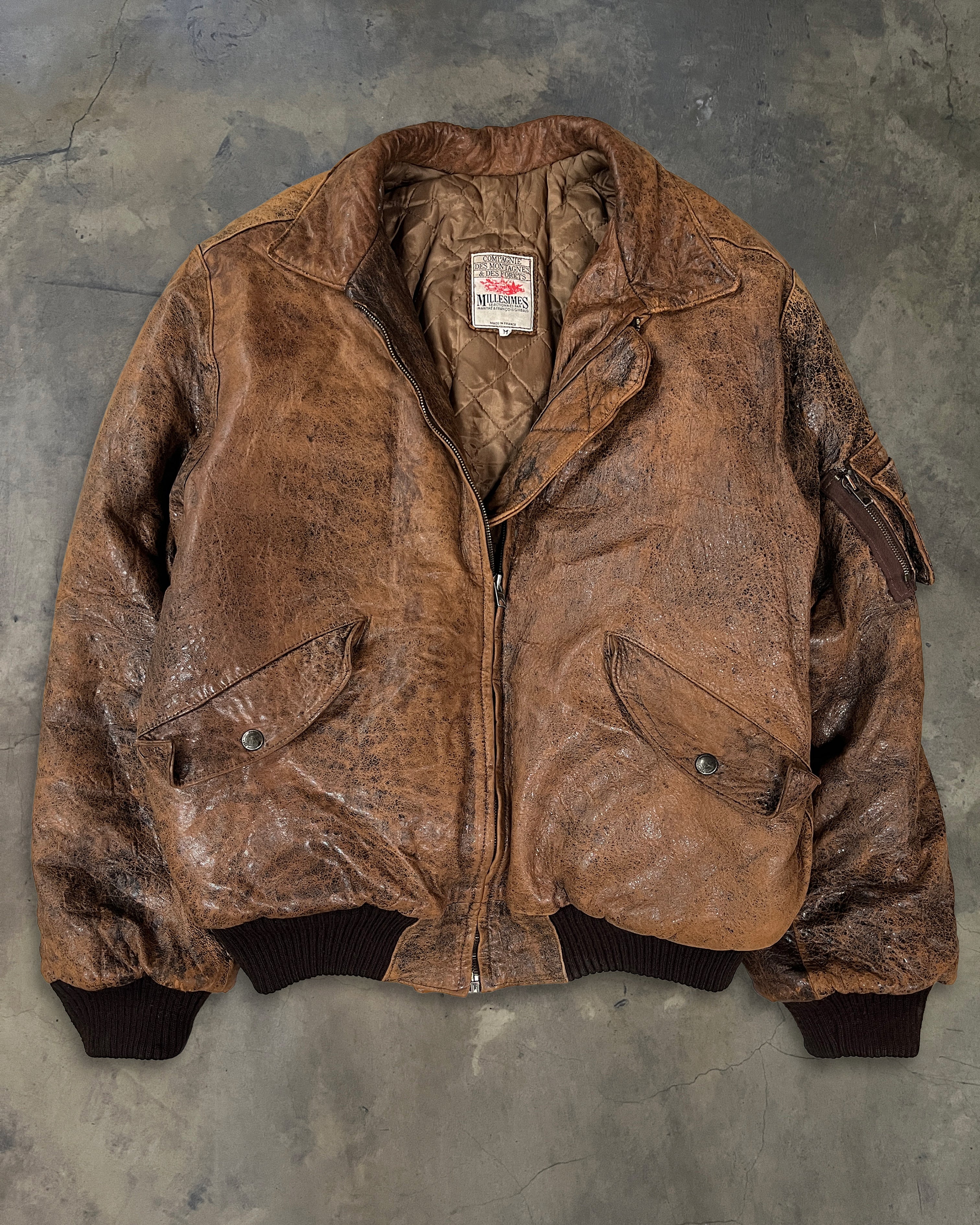 80s MARITHÉ FRANÇOIS GIRBAUD MILLESIMES BROWN MA-1 LEATHER JACKET