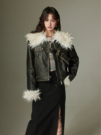 DIDDI MODA ファー付きラペルブラックレザージャケット – 個性的な