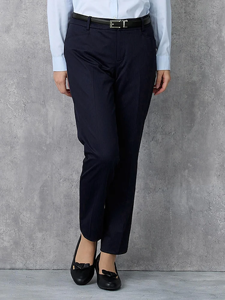 ウォッシャブル】パンツ ストレート ニット ストレッチ ネイビー