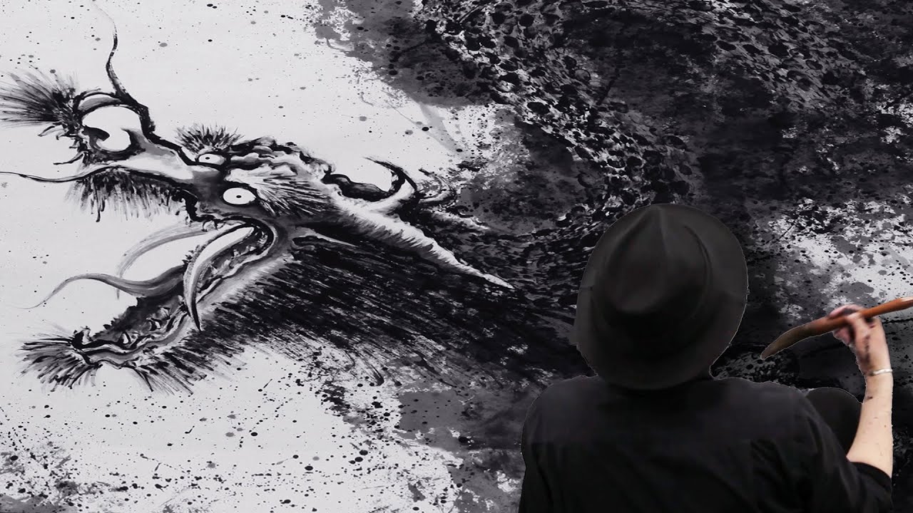 Vlog｜巨大な龍を1日で描く｜水墨画・雲龍図｜下書き無しのフリー