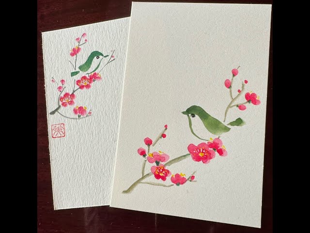 😊💕🌸誰でも描けるハガキ絵「梅と鶯」初心者・水彩画🎨