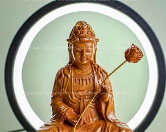 仏像 家庭用小型 木製座像 蓮の花を持つ観音菩薩像 観音、観音、観音像