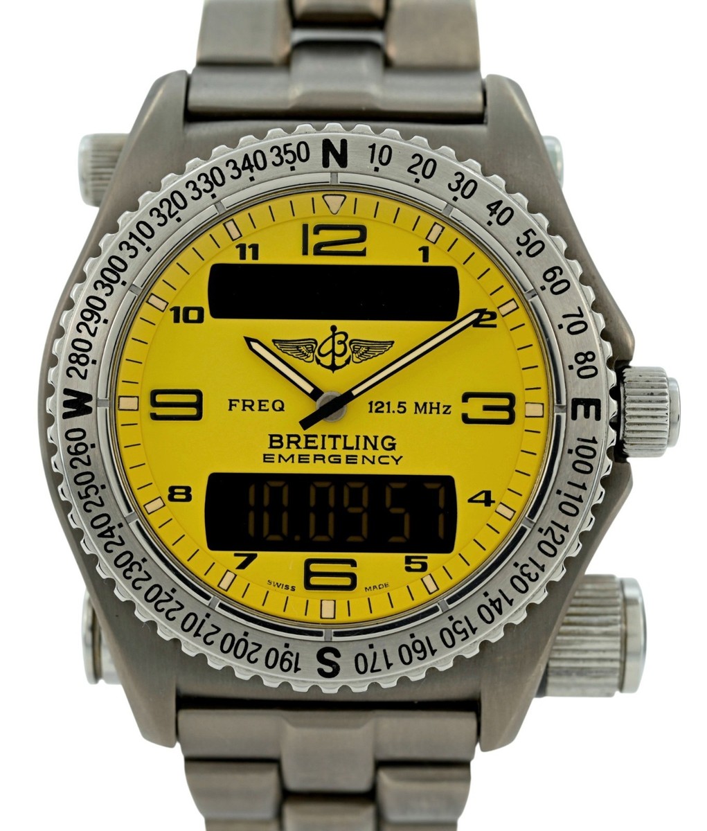 Breitling 43mm Men's Emergency Rare Yellow Dial Titanium Watch