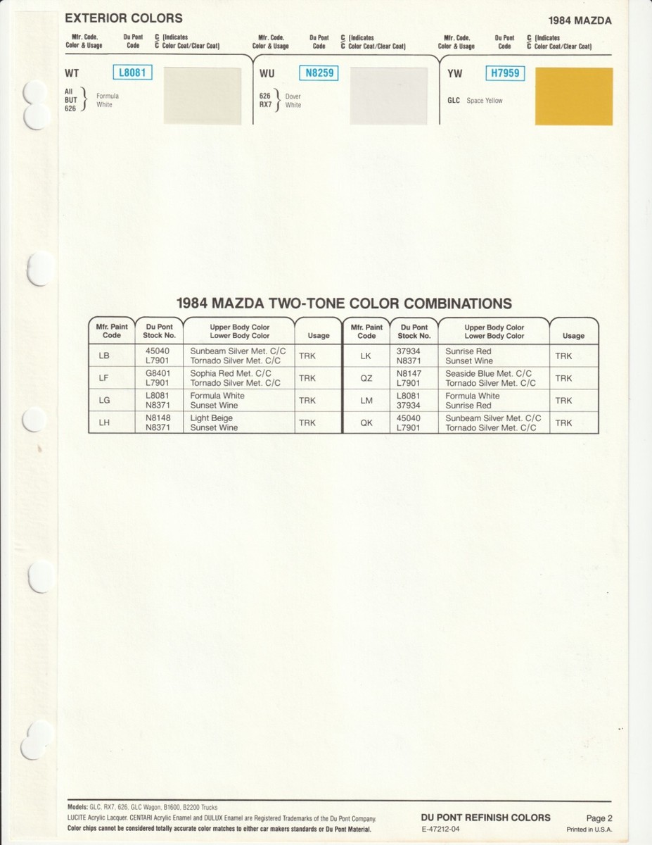 1984 AND 1985 MAZDA COLOR SAMPLES DUPONT | eBay
