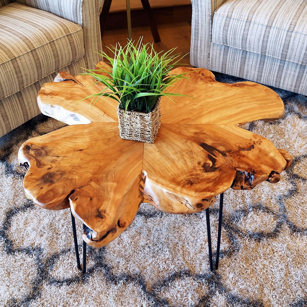 Natural Cedar Wood Slice Slab Coffee Table Live Edge, Hairpin Legs