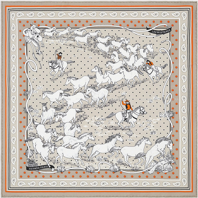 HERMES エルメス スカーフ カレ55 野生馬 グリサンドル/オレンジ/白
