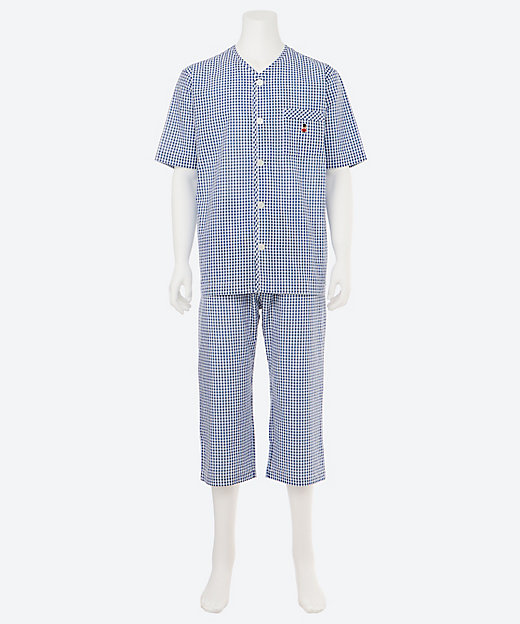 パジャマ サッカーチェック半袖7分パンツ襟なし 0126625431