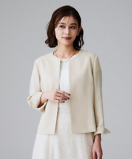 短丈／日本製】カラミ風メッシュ ノーカラージャケット