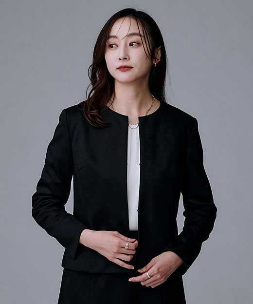 洗えるスーツ／ストレッチ】ウール混ジャージ ノーカラージャケット