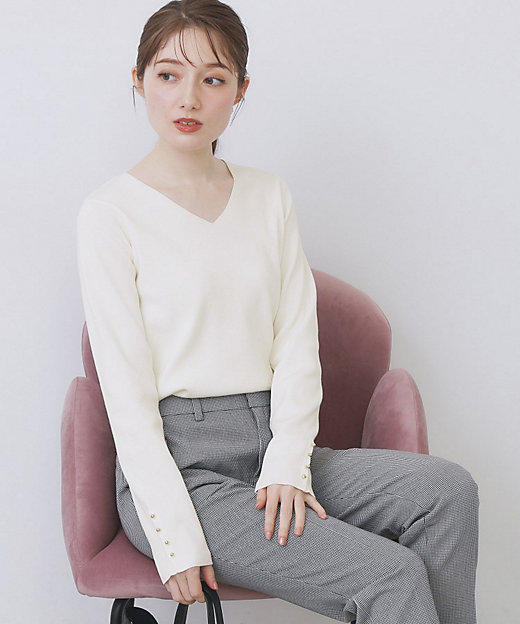 ゴールドボタンVネックニット【洗濯機OK】《6col