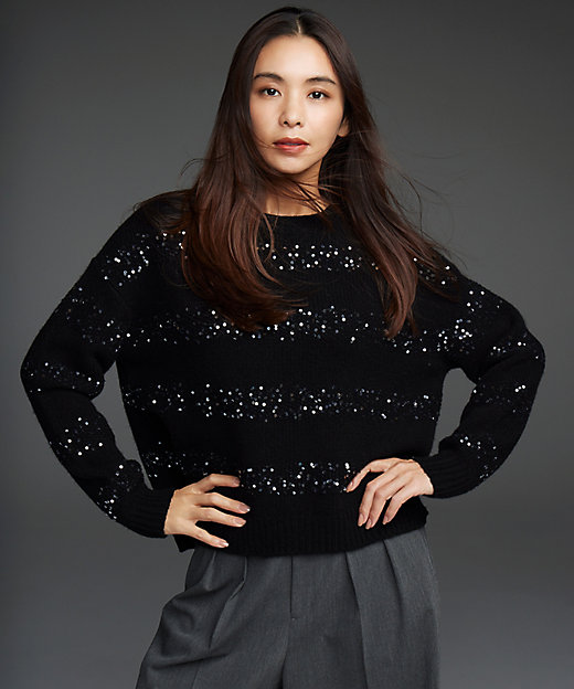 滝沢眞規子さん着用／一部店舗限定】スパングルボーダー ニット