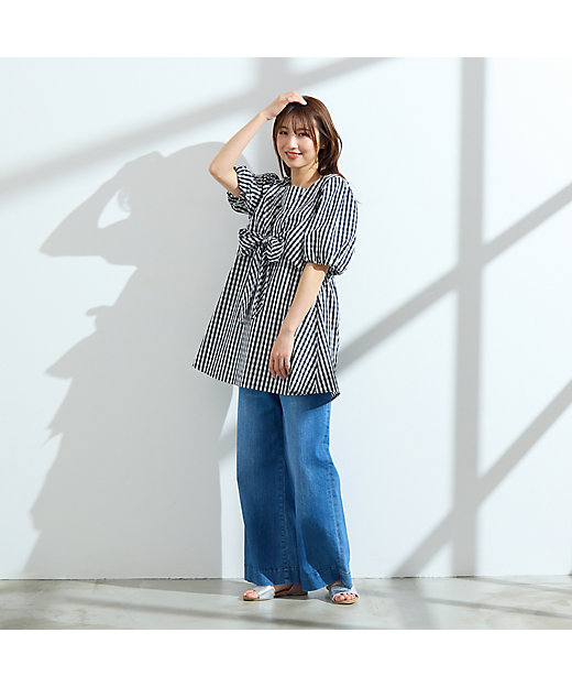 コットン100％／手洗い可】ギンガムチェックリボンブラウス