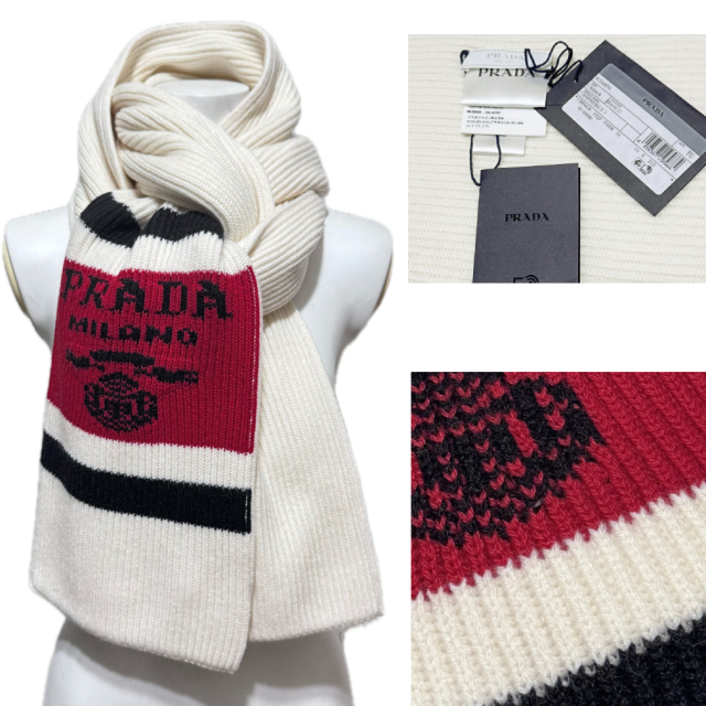 プラダ カシミア100％ 厚手 ニットマフラー 白 PRADA | ゴージャスな