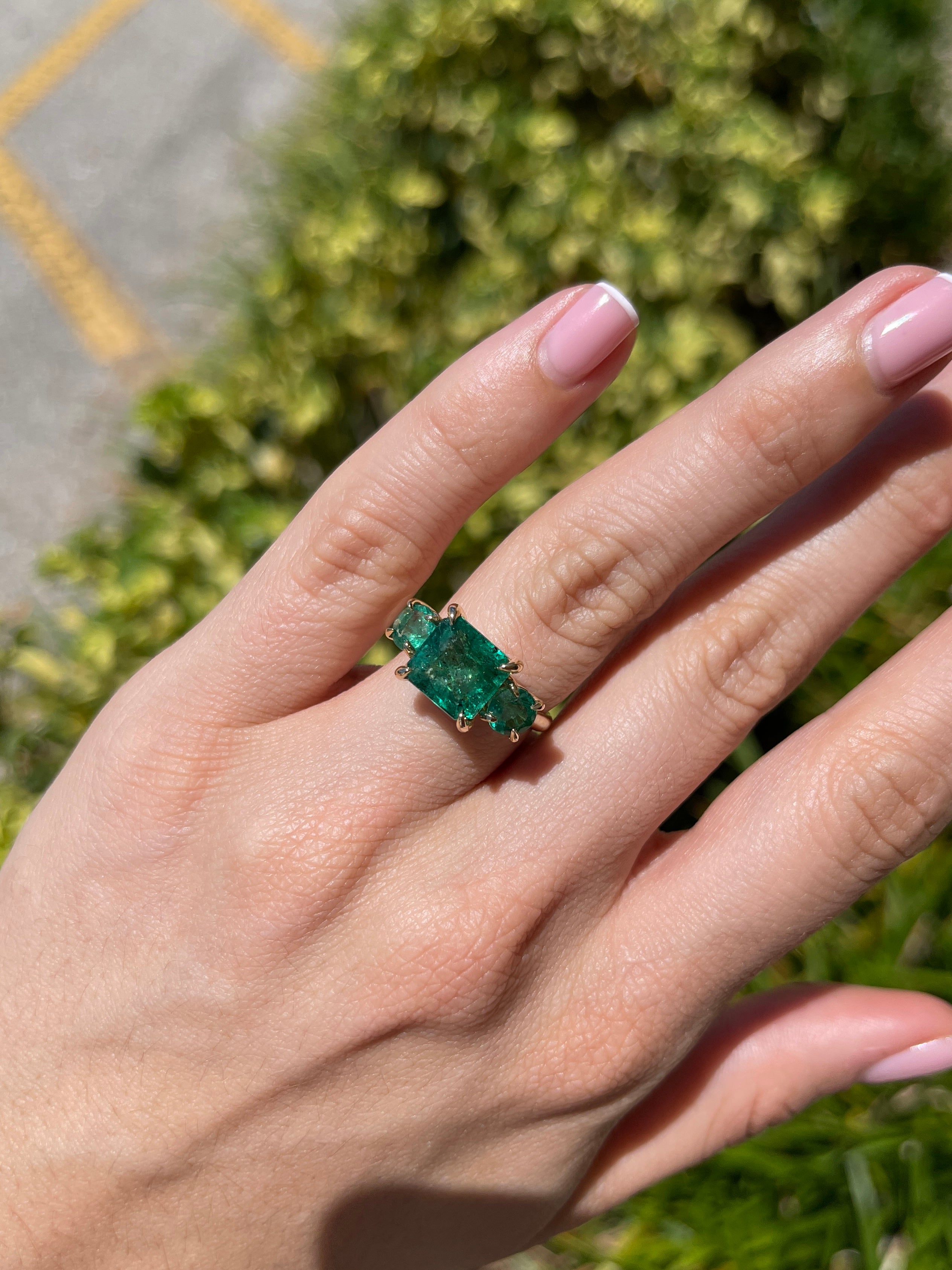 5.80tcw 14K Rich Green Natural Emerald All Emerald Three Stone Ring