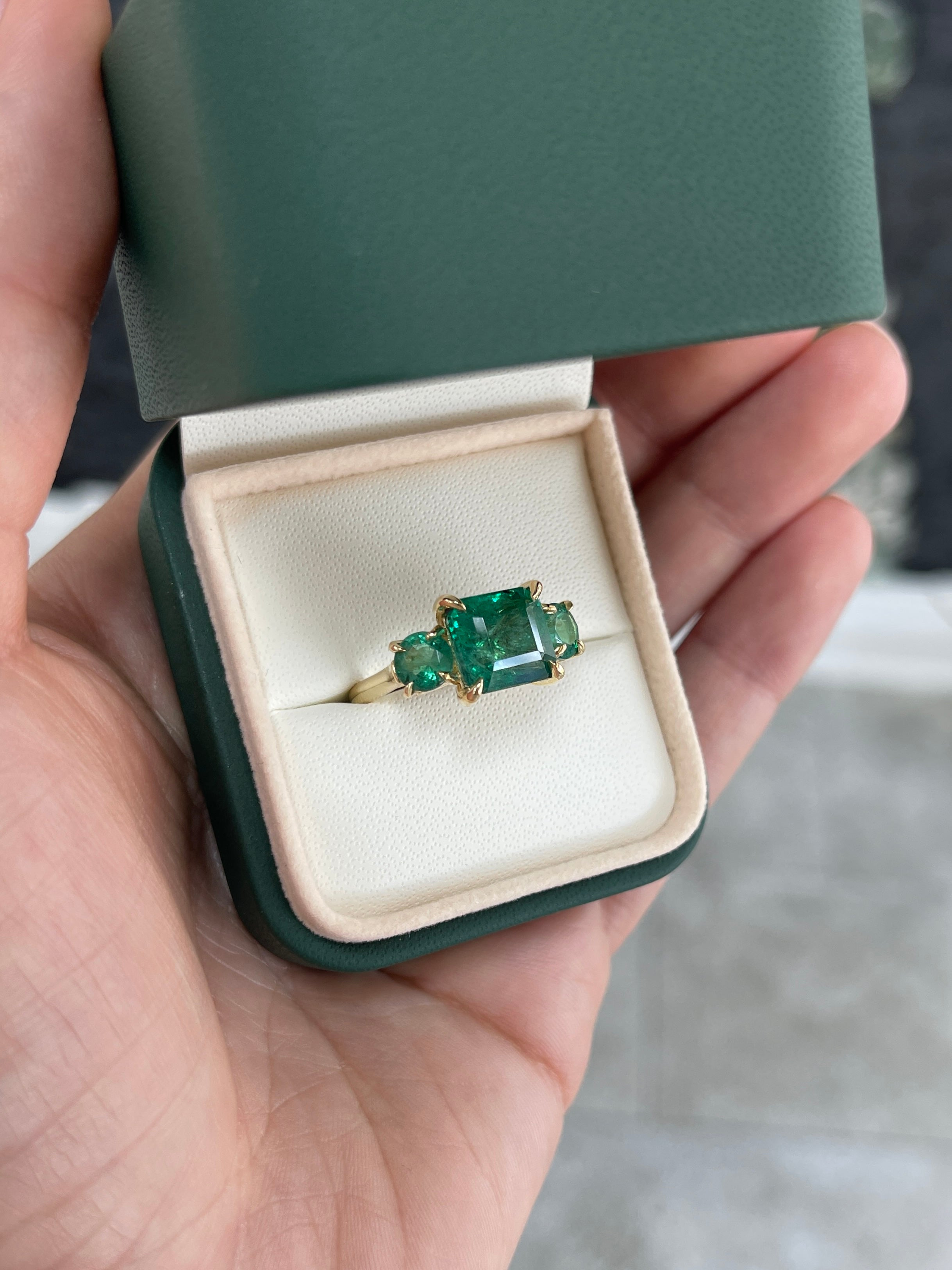 5.80tcw 14K Rich Green Natural Emerald All Emerald Three Stone Ring