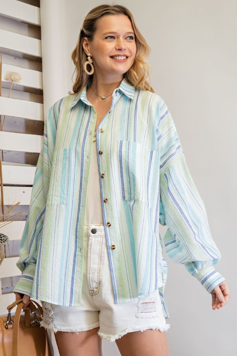 Easel Striped Button Down Shirt in Aqua Blue – June Adel