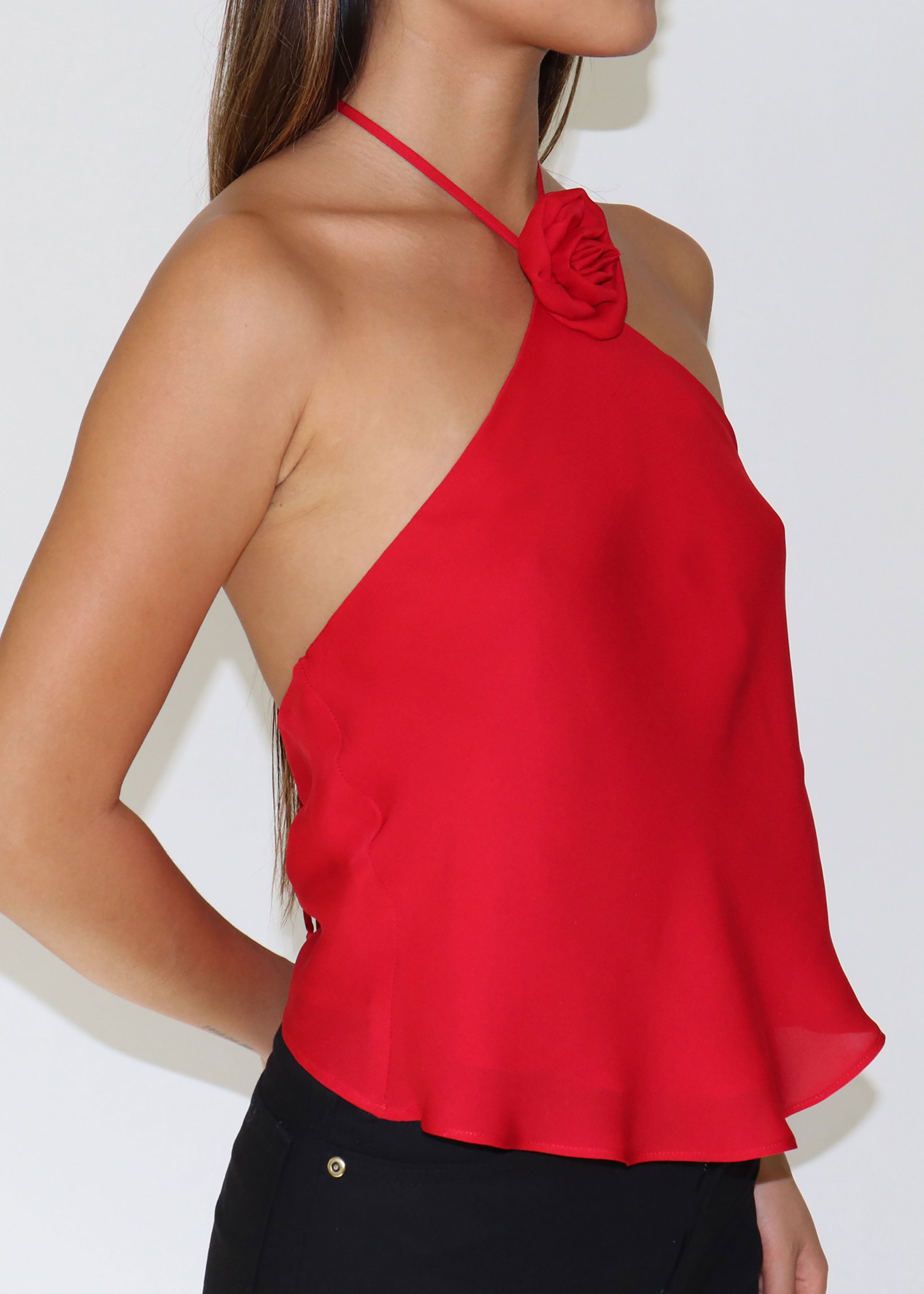 Cupid Top – Cherry Silk Halter with Rosette | Kait Macleod