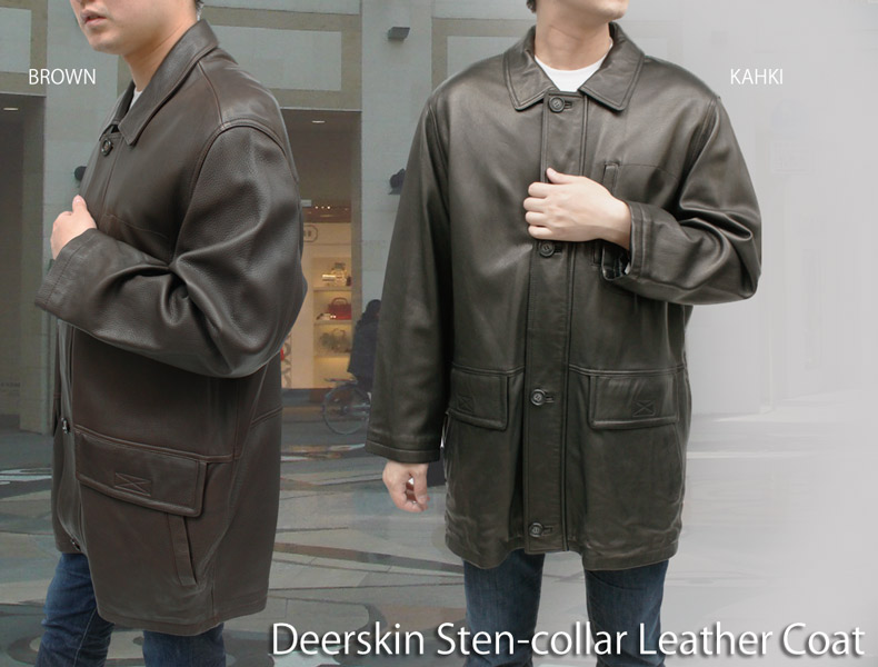 鹿革 ステンカラーコート メンズ ブラウン L/ 12301