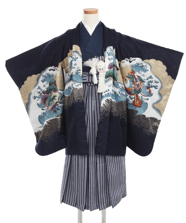 七五三(五歳男の子)着物レンタル｜鷹柄濃紺色羽織 紺着物×紺縞袴｜W-B