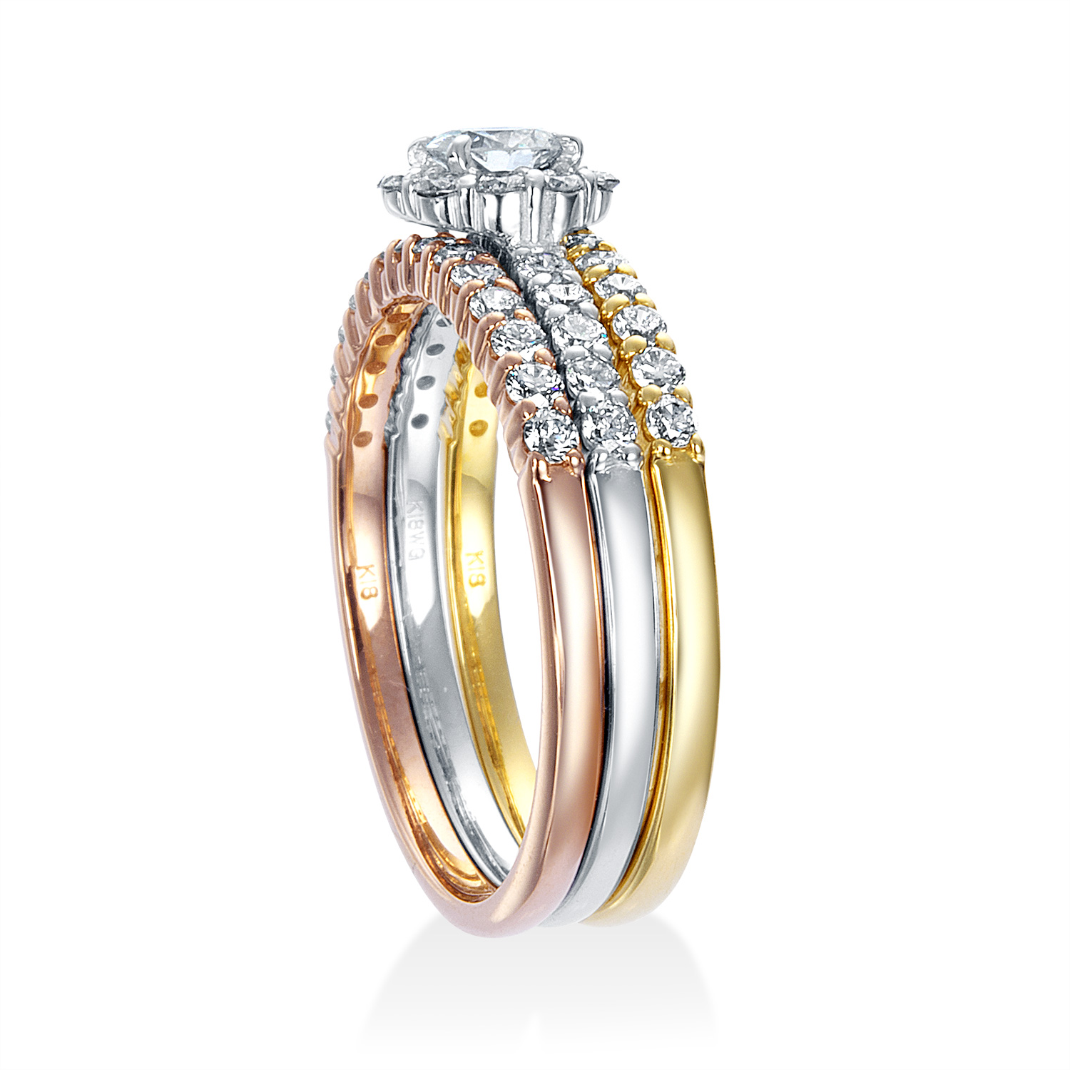 K18スリーカラー ダイヤモンド 3連リング（中石0.216ct 脇石合計0.7ct