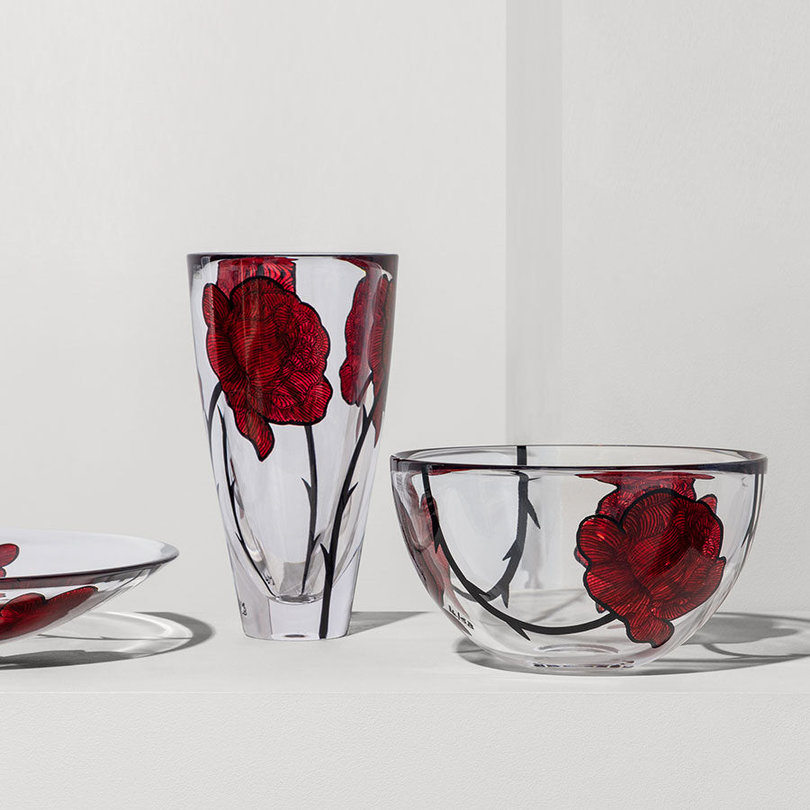 Kosta Boda Tattoo Bowl Hand Painted Decor Rose Crystal Glass Clear Red