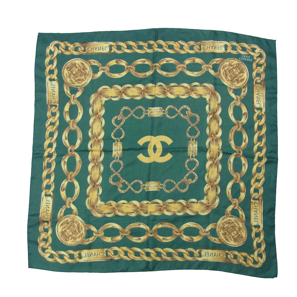 CHANEL シャネル チェーン ベルト 柄 スカーフ タグ無し グリーン系