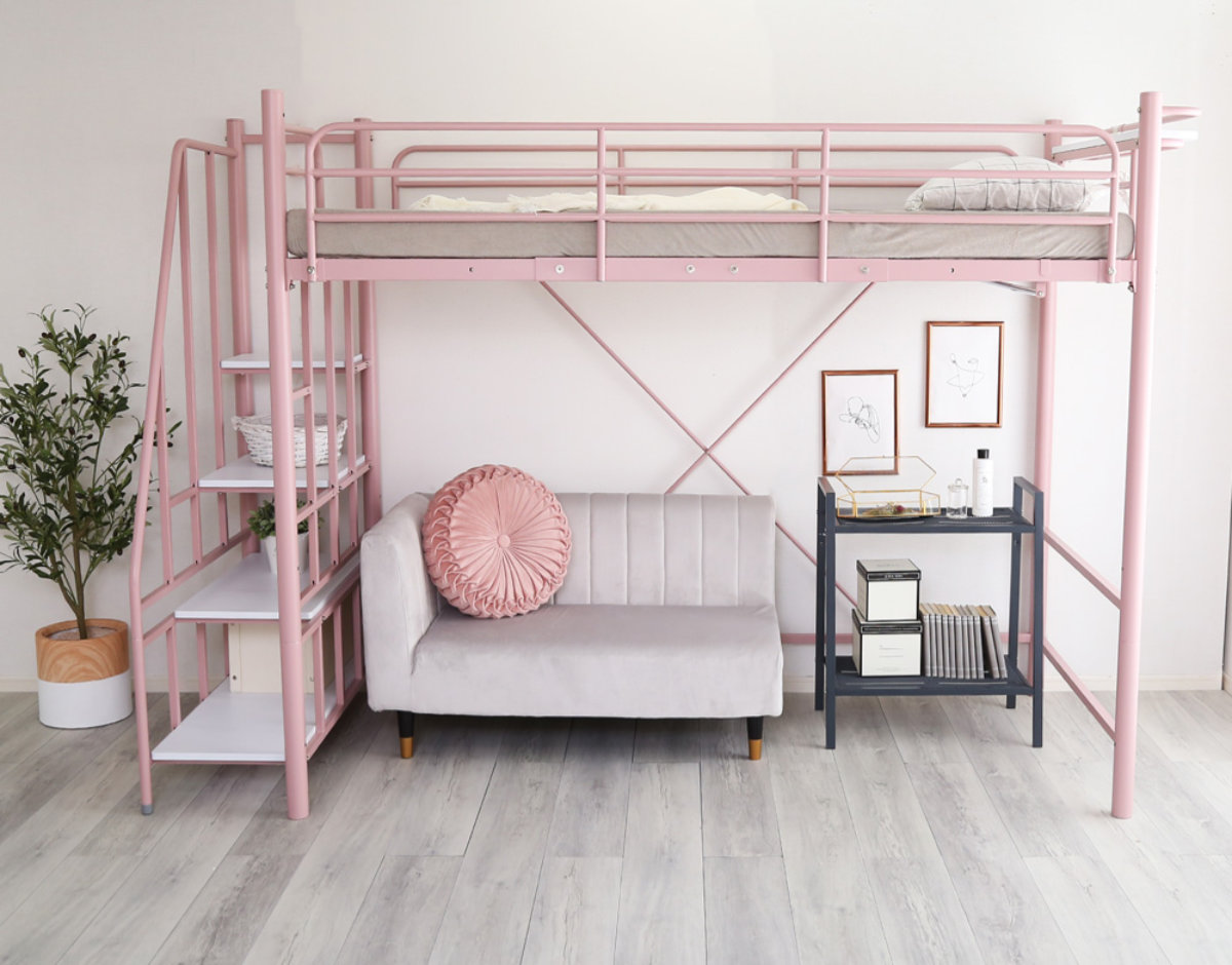 ロフトベッド シングル 階段付き メッシュ 宮棚 2口コンセント付き