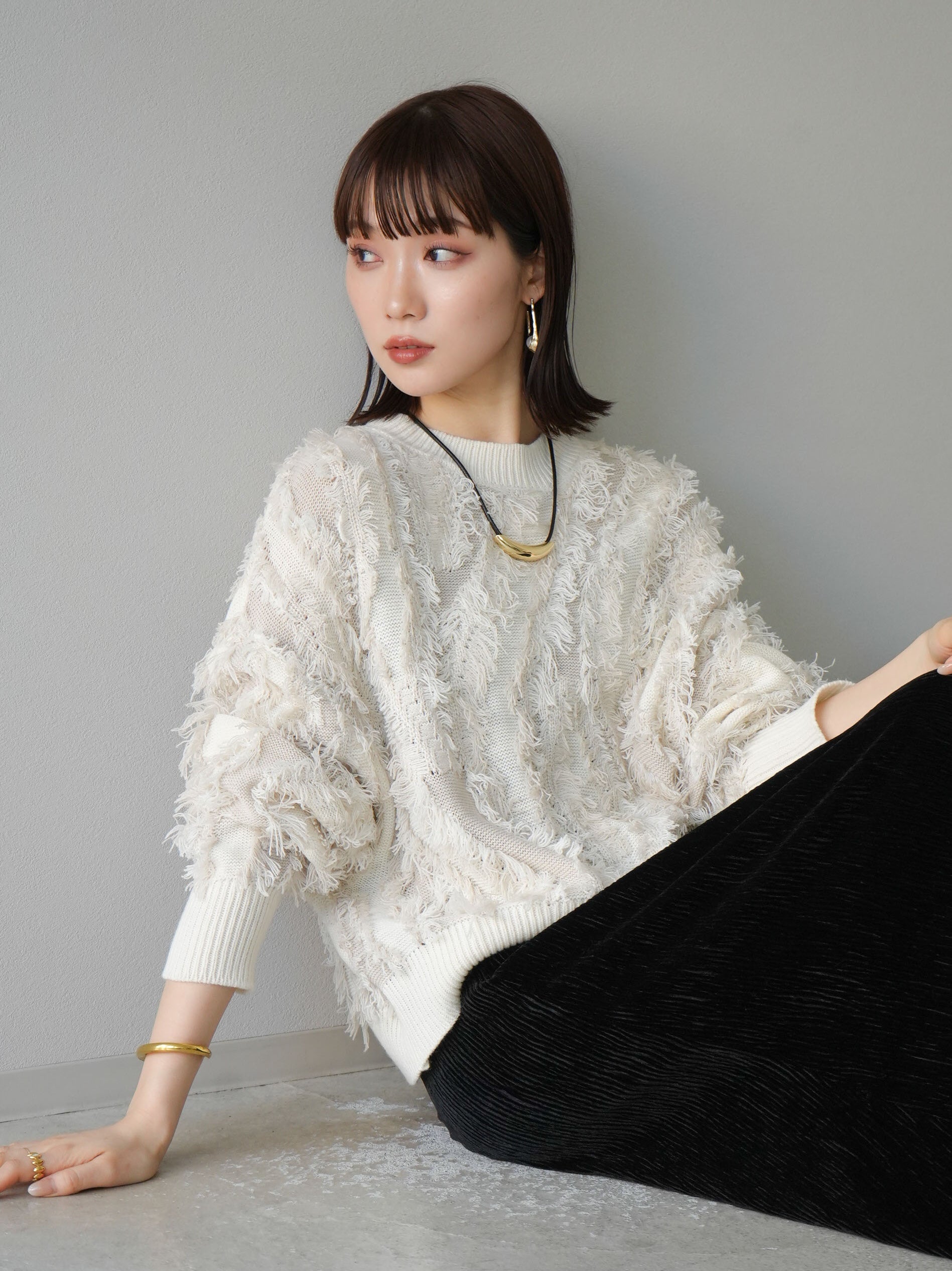 予約]ミックスフリンジニットプルオーバー/アイボリー – Lumier