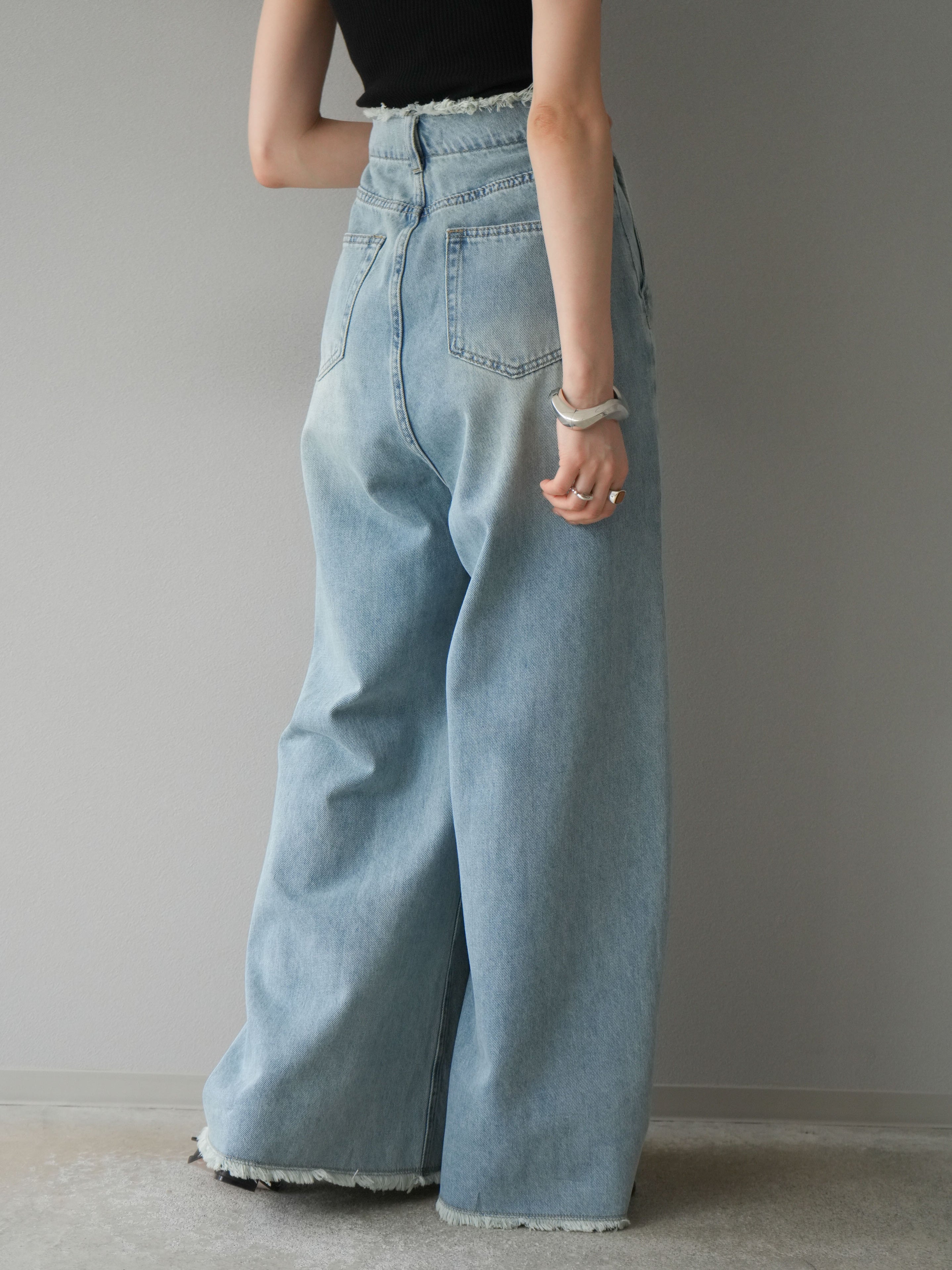 予約]フリンジハイウエストワイドデニムパンツ/ライトブルー – Lumier